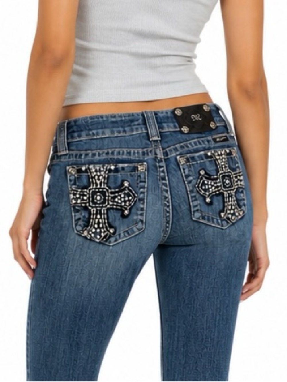 Miss Me Y2K Low Rise Bootcut Jeans Size 26 Rhinestone Cross Pocket Denim Jp50093
